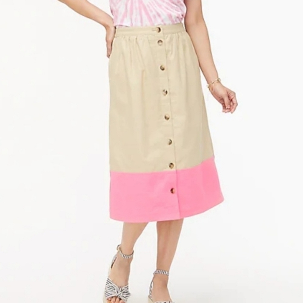 J. Crew kaki and pink button front skirt linen blend Prairie Cottagecore Peasant